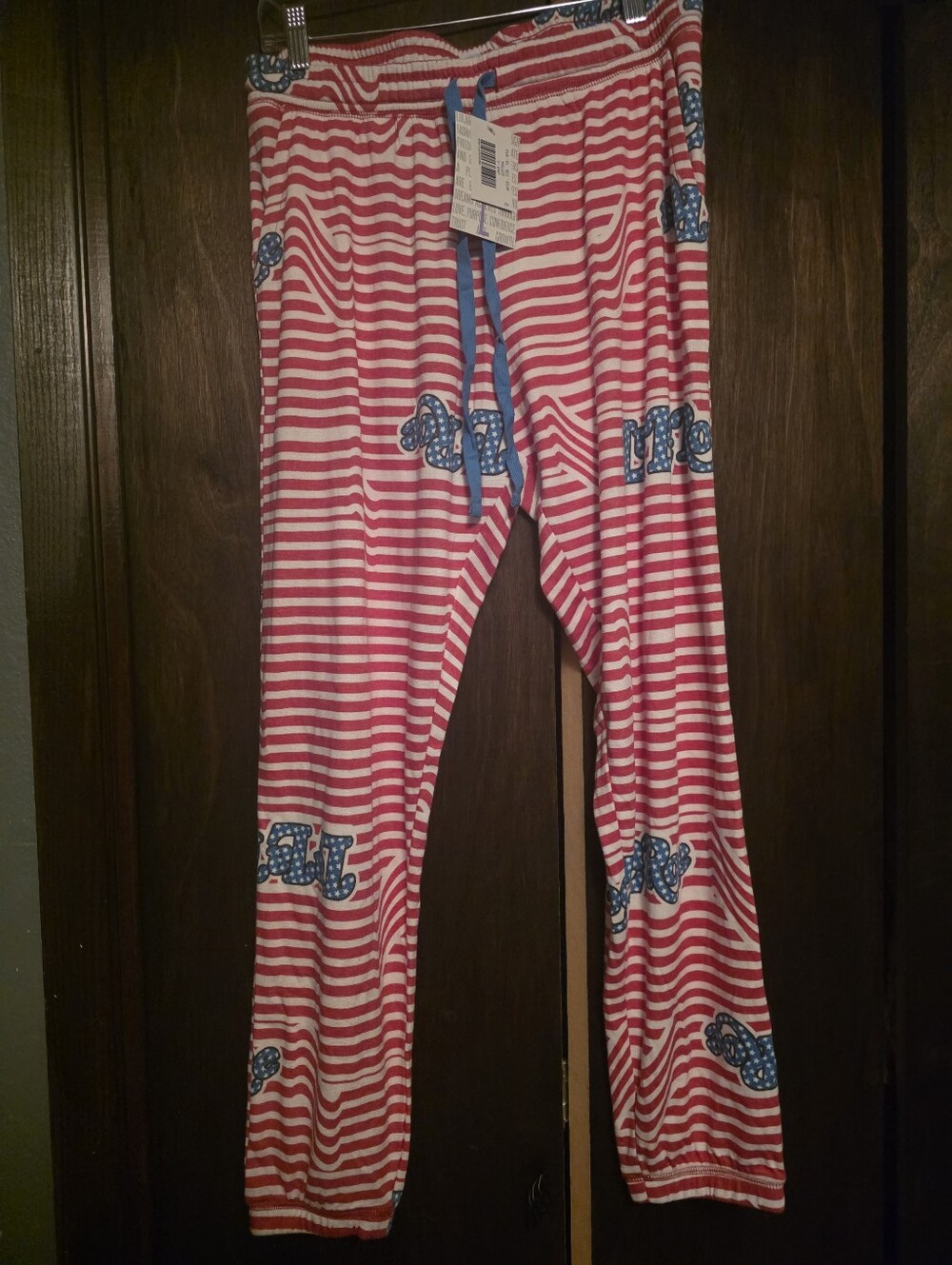 LuLaRoe Red & White Striped Lounge Pants with Blue Drawstring